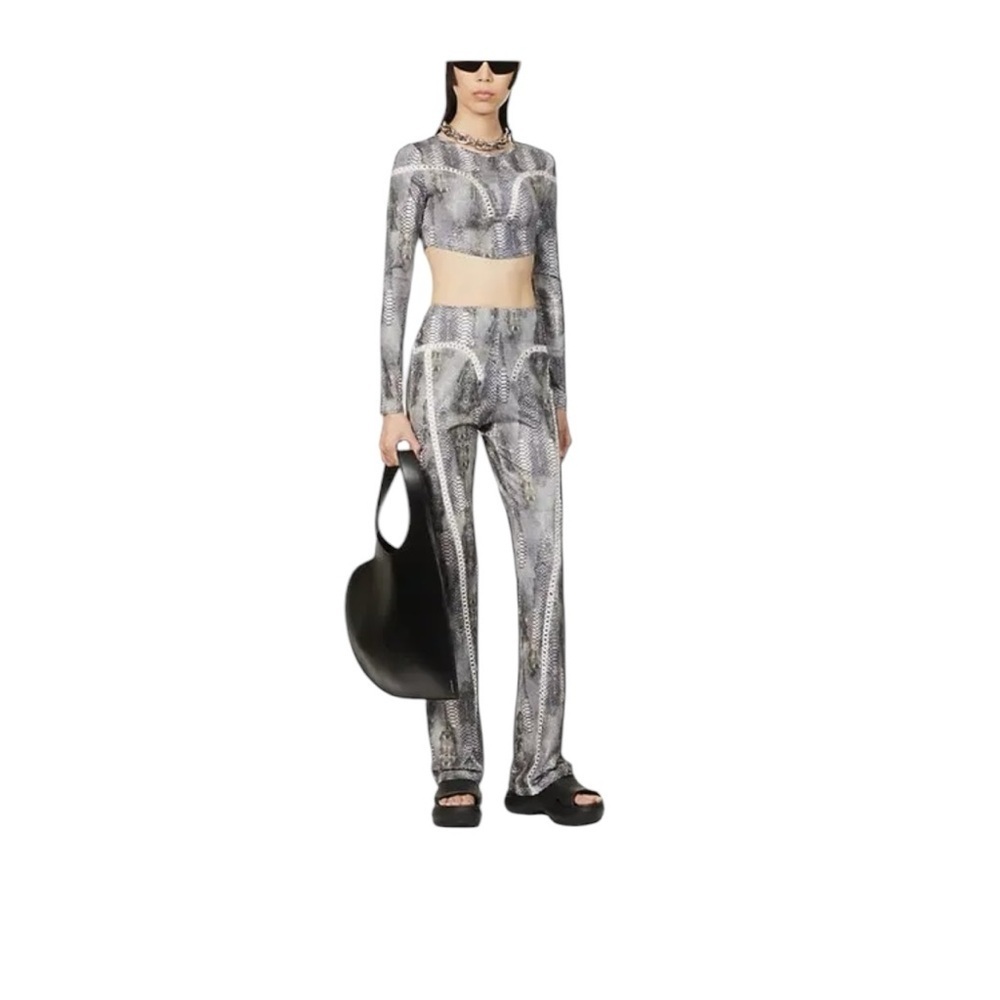 The Kript.  Black and Gray Metallic  High-Waisted Wide-Leg Pants